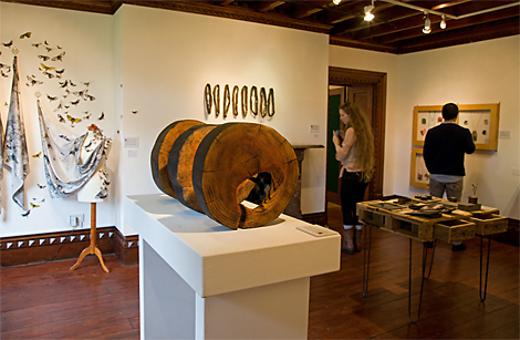 The second room in the Portal exhibition with Anne Blades' wood sculpture/print blocks in the foreground.